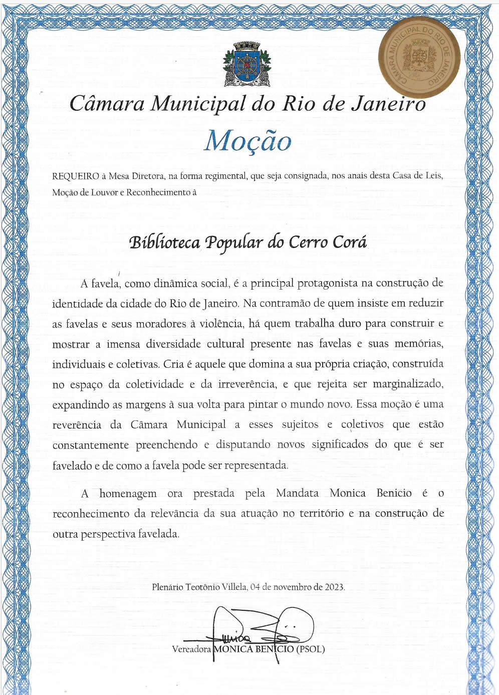 Mo&ccedil;&atilde;o de reconhecimento - Biblioetca Popular do Cerro Cor&aacute;